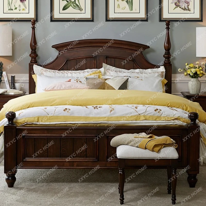 bed solid wood master bedroom light luxury bed retro furniture pillar bed