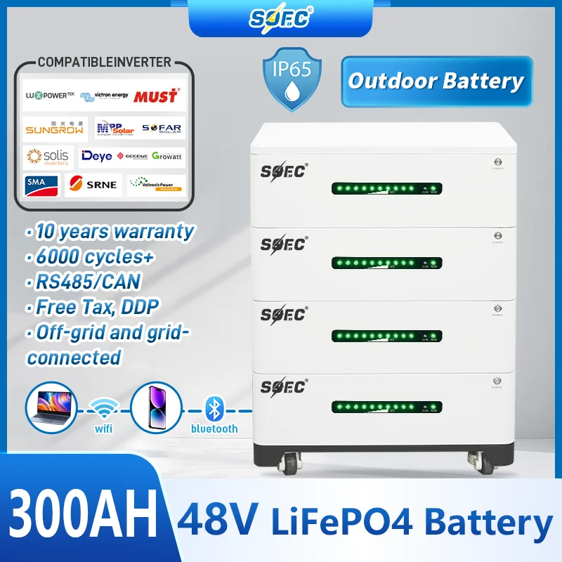 SOEC 20KWH Powerwall Waterproof 48V 10KWH 15KWH 30KWH 60KWH Lifepo4 Battery Stacked Energy Storage Battery for Solar PV System