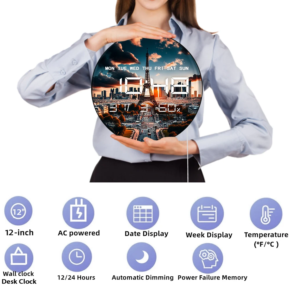파리 스카이라인 모던 디자인 전자 벽시계 LED 자동 조광 디지털 타이머 날짜 온도 습도 달력 표시