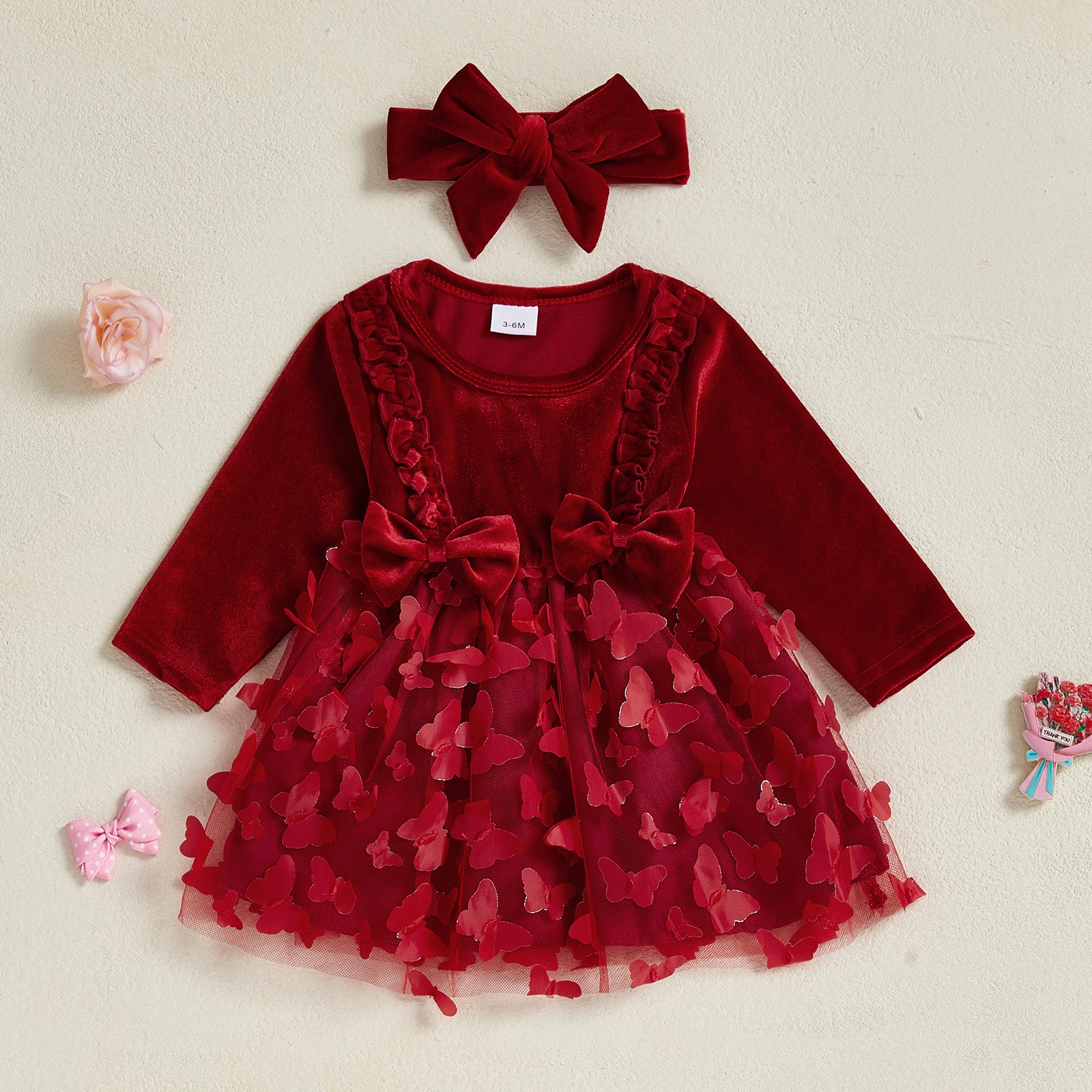 Baby Girls Velvet Princess Party Dress Fashionable Round Neck Butterfly Long Sleeve Red Dresses with Headband