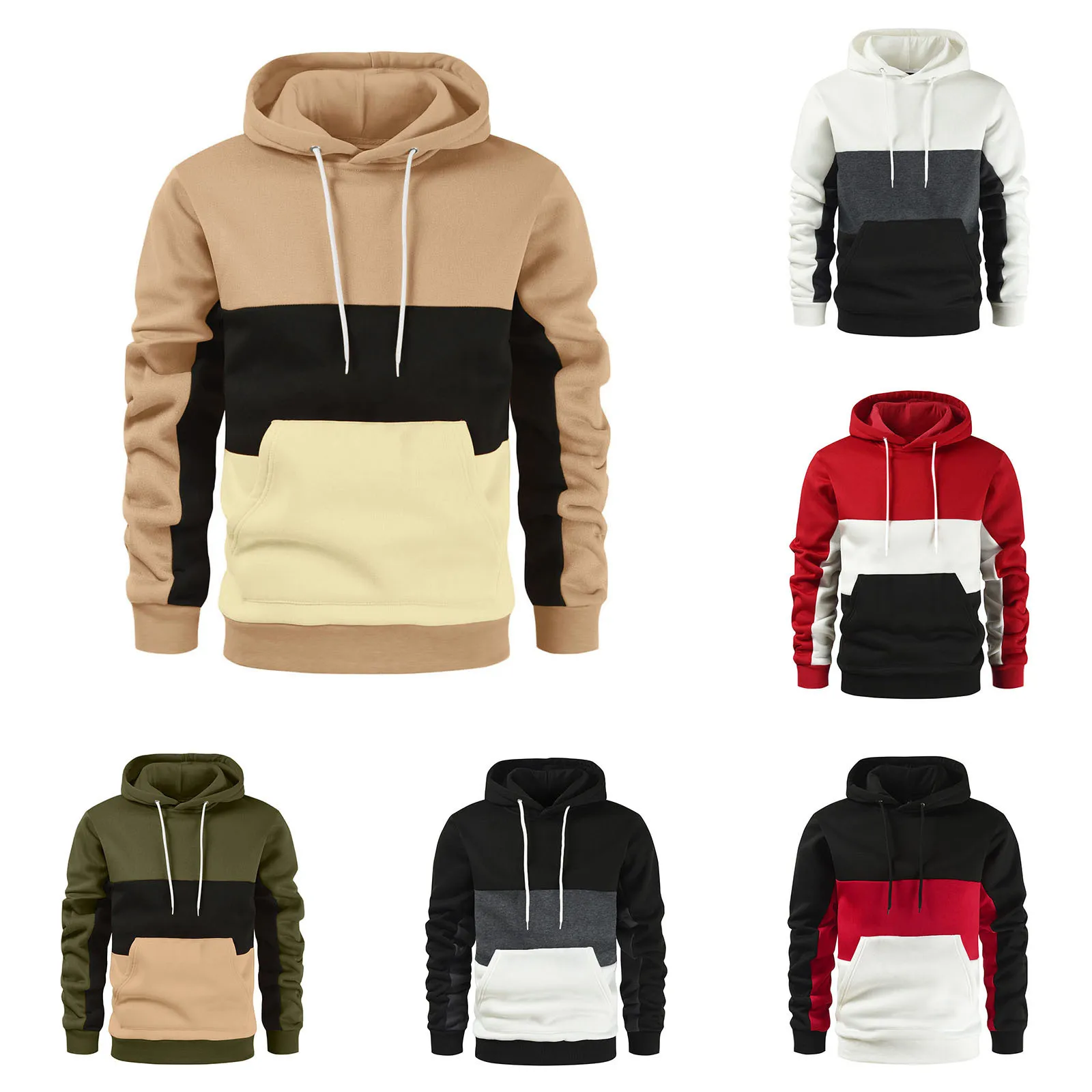 

Men's spliced hooded pullover, hooded clothing, casual loose fashionable warm clothing, autumn and winter sports jacket warm jac