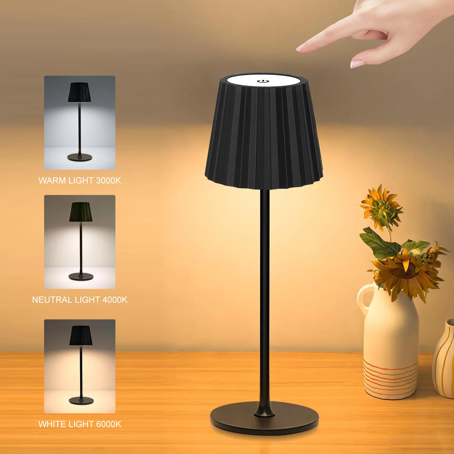 

Cordless Table Lamp 3Colors Stepless Dimming LED Desk lamp Rechargeable Touch Night Light Wireless Minimalist Design for Bedroom