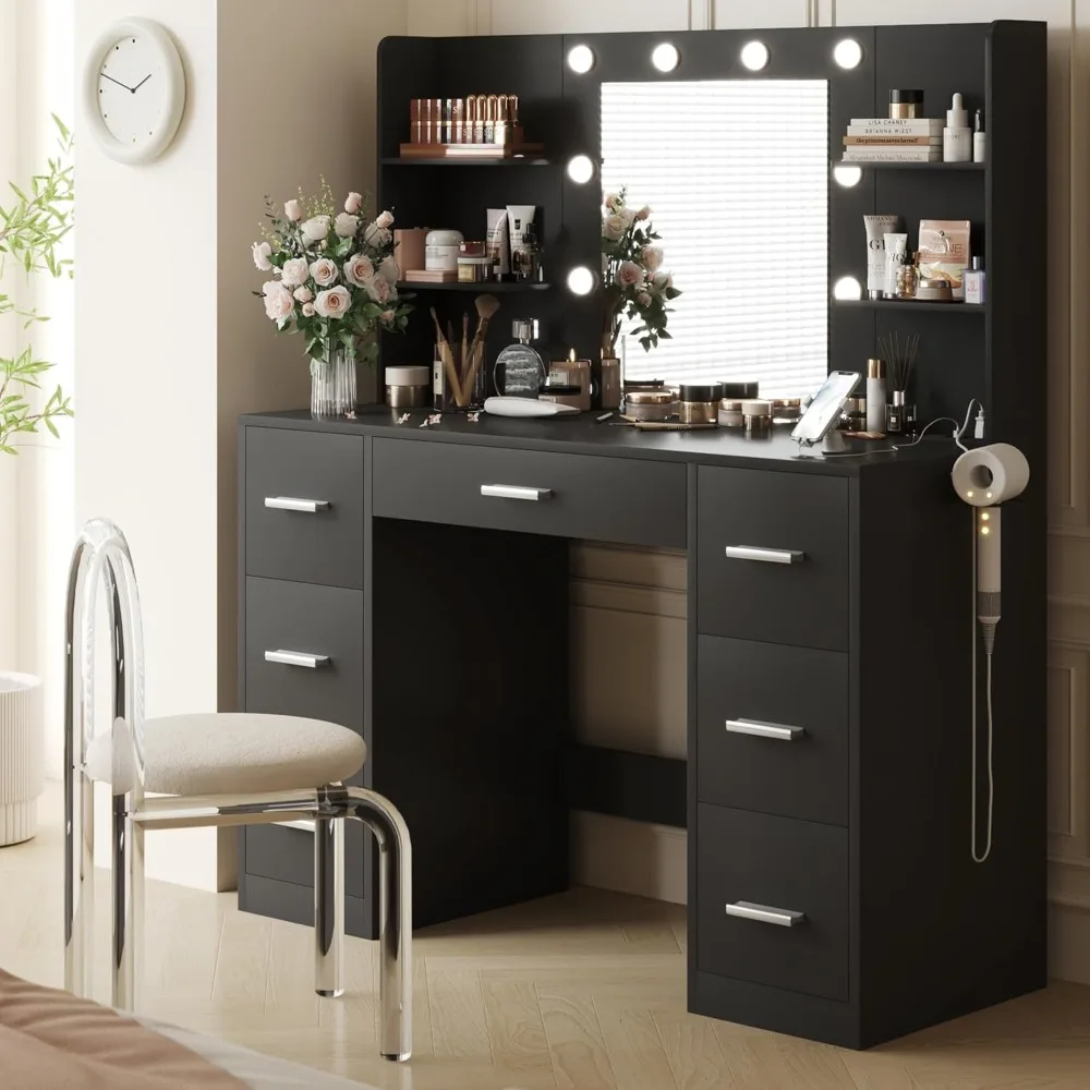 Vanity Desk with Mirror, Power Outlet and 10 Lights, Makeup Table with 7 Drawers, 3 Color Modes Available for Bedroom, Black