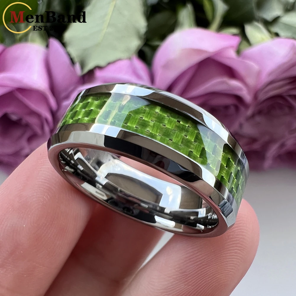 MenBand 6/8mm Tungsten Carbide Rings for Men Women Wedding Band Green Carbon Fiber Inlay Fashion Jewelry Beveled Comfort