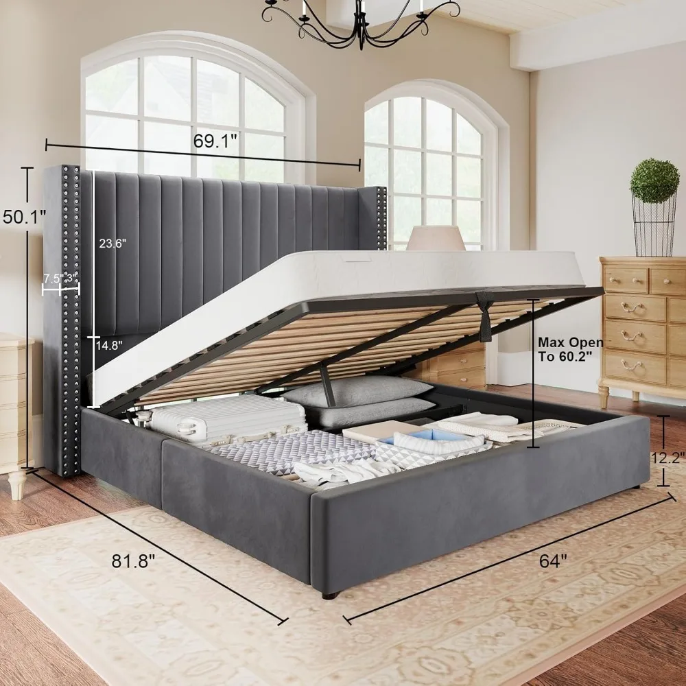 Bedframe, Queen, verhoogde opbergruimte, fluwelen platform met getuft hoofdeinde, geen veren vereist, platformbedframe