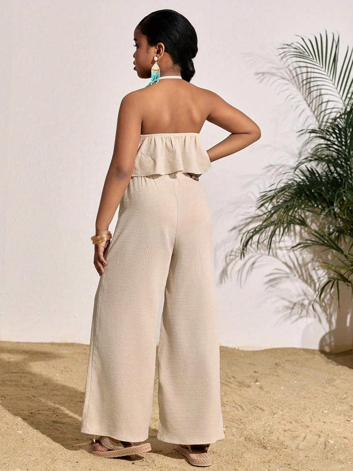 Girls' two-in-one backless asymmetrical hem wide-leg pants set, bohemian style summer beach vacation outfit