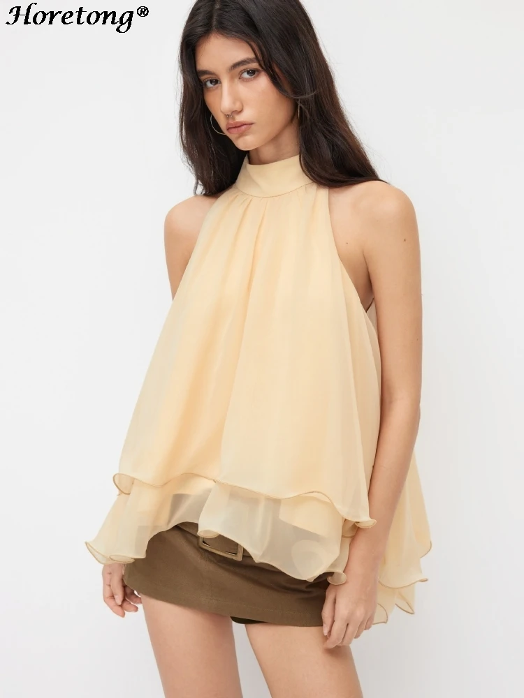 2026 Summer Women Halter Chiffon Top Ruffle Layered Loose Flowy Off Shoulder Sexy Y2K Sweet Elegant Fairy Casual Party Blouse