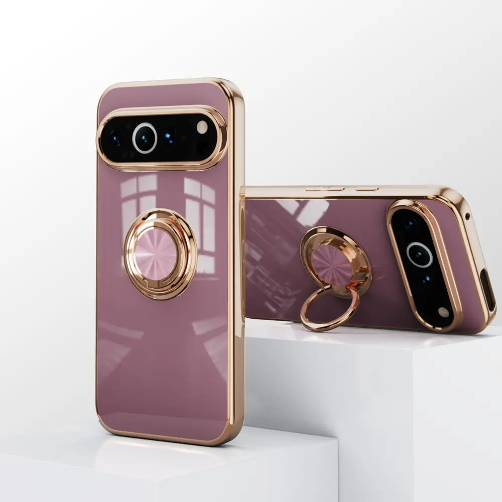 Ring Silicone Case for Google Pixel 9 Pro Case Shockproof Plating Gold Bumper Magnetic Cover for Google Pixel 9Pro 9 Pro XL Case