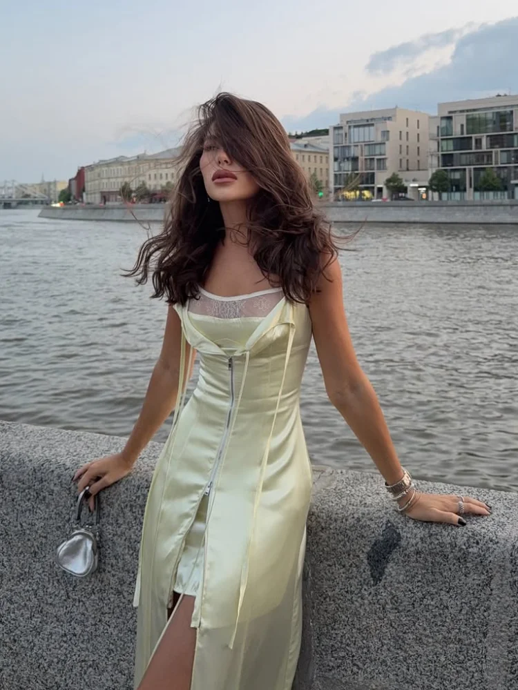 Vrouwen Geel Kant Patchwork Jurk Sexy Lace-up Mouwloos Backless Rits Split Satijnen Jurk 2023 Nieuwe Dame Feestavondjurken
