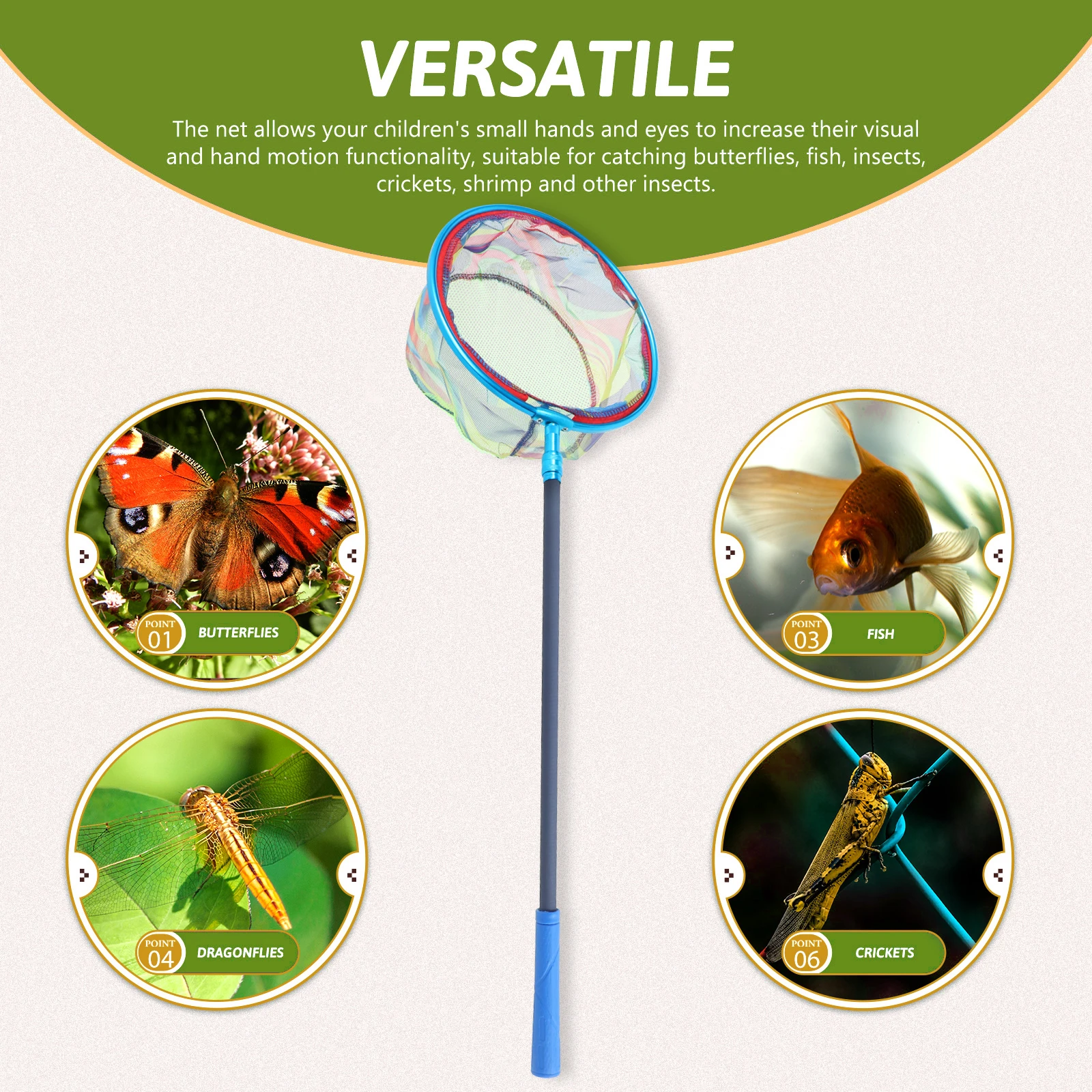 1 ensemble de filet de pêche pour enfants, filet d'atterrissage télescopique avec poteau, capture de poisson, papillon, insectes, étang extérieur, eau salée, rivière, lac