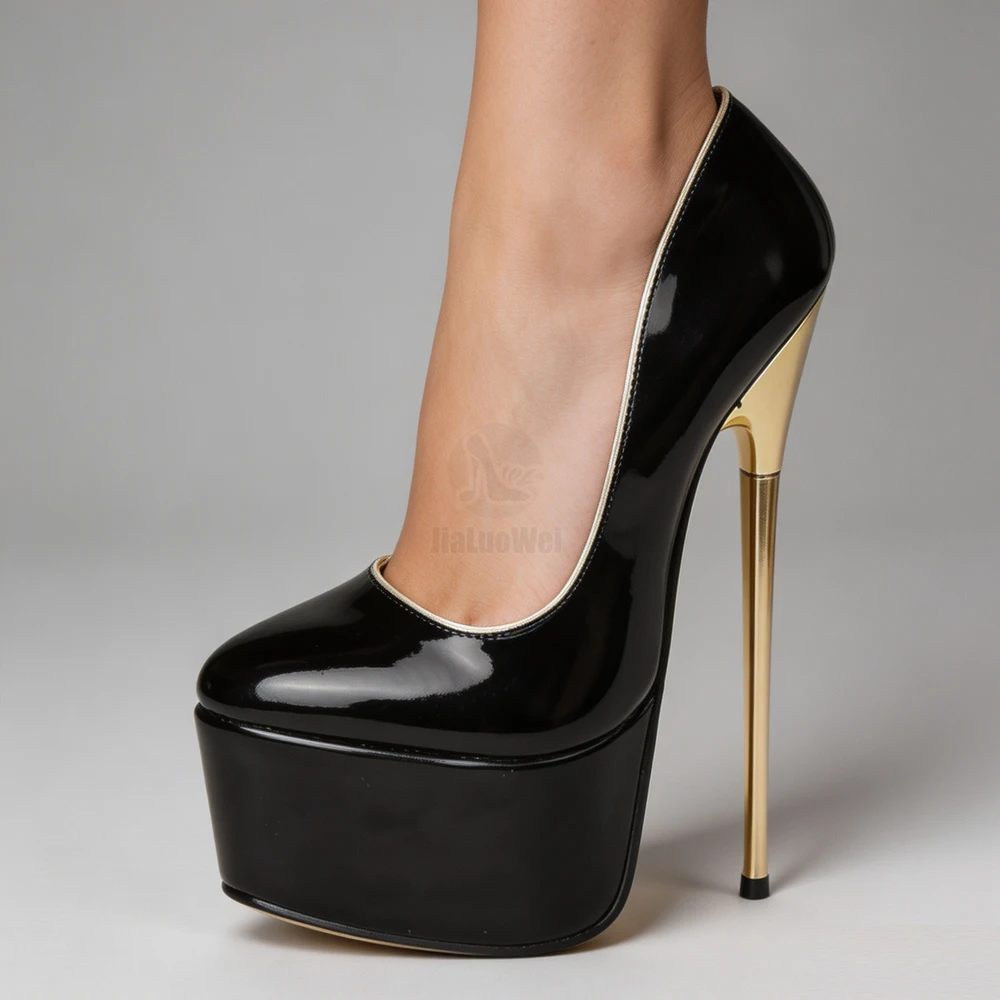 jialuowei Women Platform Pumps 22cm High Heel Fashion PU Leather Gold Metal Heel Shallow Slip-on Dance Nightclub Shoes