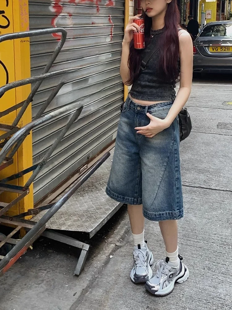 

American Style Vintage High Waist Loose Fit Straight Leg Five-Quarter Denim Shorts Women Summer New plus Size Slimming Jeans