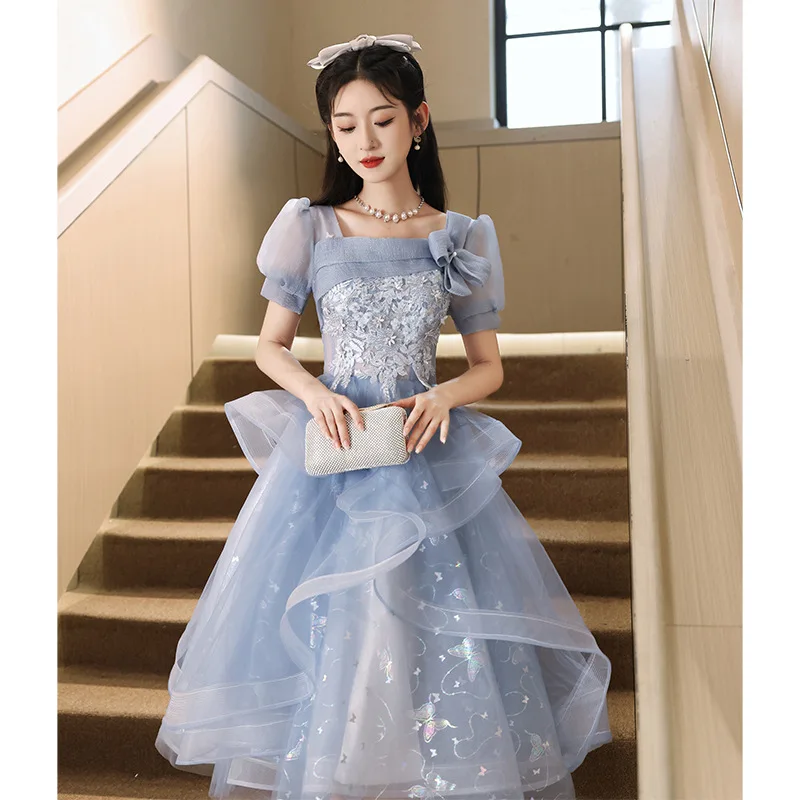 Blue Short Evening Dresses With Puff Sleeve Fashion Square Collar Vestido De Noche Sweet Lace Applique Tulle Dress Customized