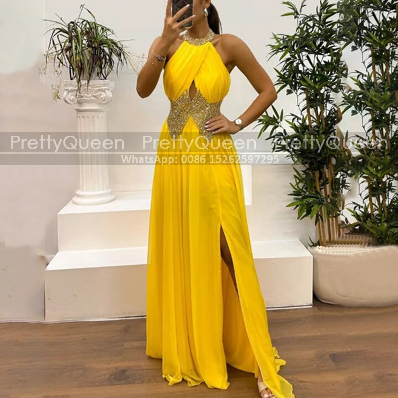 A Line Heavily Beaded Prom Dresses For Women Side Slit Halter Neck Long Sleeveless Backless Pageant Dress Party Gown