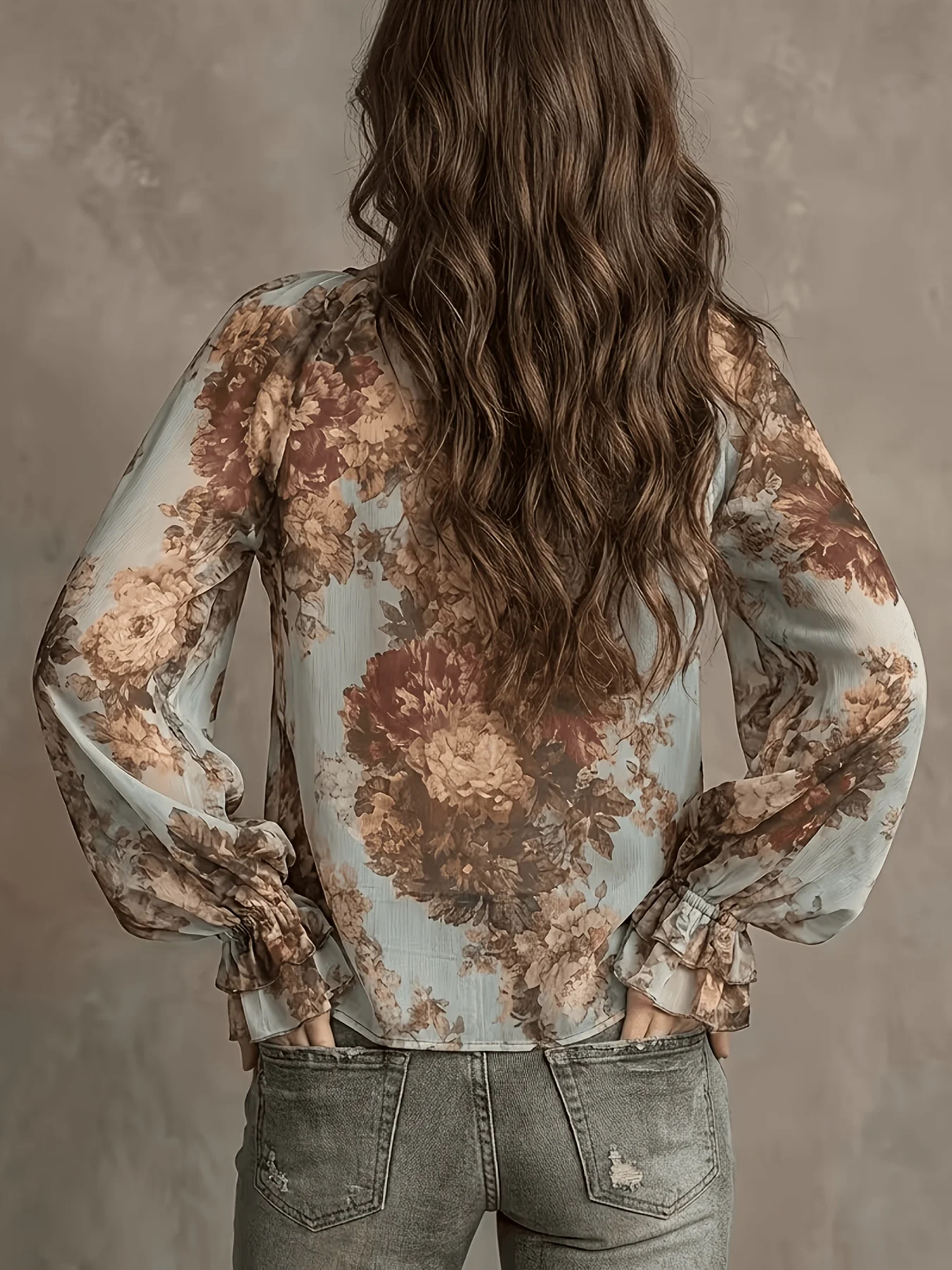 Vintage Floral Print Chiffon Blouse, Women's Long Sleeve Ruffle V-Neck Front Tie Boho Casual Flowy Shirt