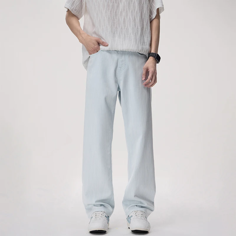 

Sky Blue Vertical Stripe Texture Lyocell Jeans Men Loose Straight Clean Fit Jeans Casual Male Denim Pants Japanese Style