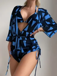 Conjunto de Bikini de 3 piezas para mujer, bañador de talla grande, ropa de baño de manga larga con cuello Halter estampado, ropa de playa Sexy, 3XL traje de baño, novedad de 2023