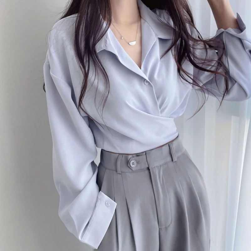 Women Chiffon Shirt Back Tie Bowknot Waist Closing Unique Chic Long Sleeve Crop Tops