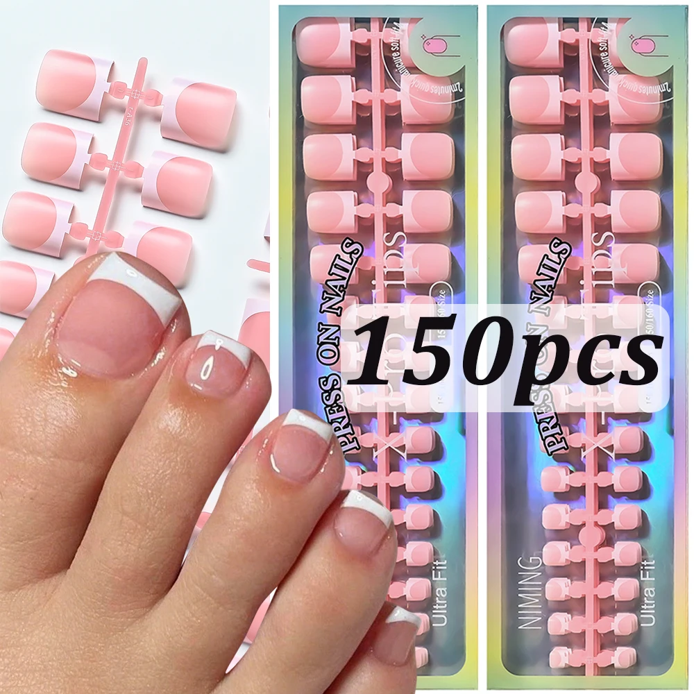 150 Stück/Box Nude Pink Weiße French-Tip-Kunstzehennägel, vollflächig, kurz, quadratisch, wiederverwendbar, zum Aufkleben, für den täglichen Gebrauch im Sommer, Fußdekoration