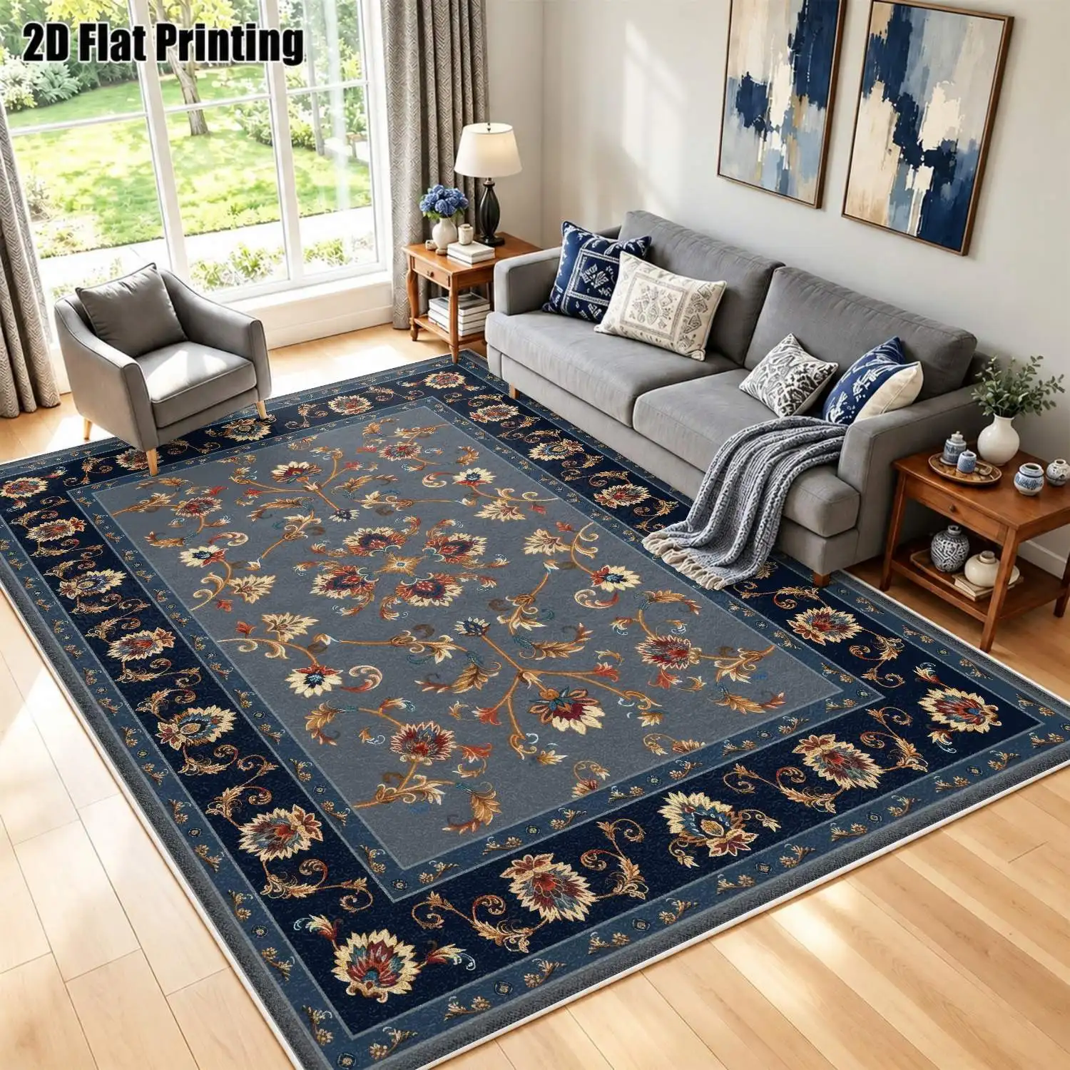 1Pc 2D Printed Carpet: Blue-Grey Floral Vine Patterns, Multi-Style, Multi-Size, Machine Washable, for Home Decor, Multi-Scene Use