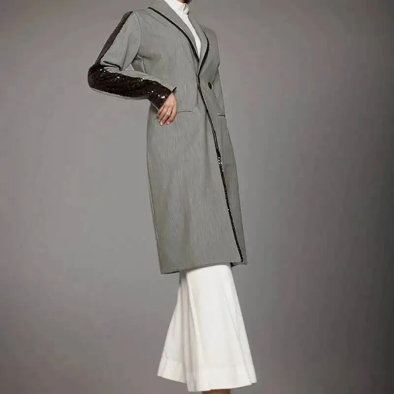 Fashion Sequined Contrast Color Patchwork Long Blazer Women's Lapel Loose Double Breasted Suit Jacket Spring Autum UL6T
