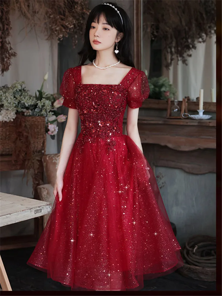 Elegant Wine Red Dress for Women, Monochrome, Sequin Applique, Square Collar, Mid-length, A-line Skirt, Fashion Evening Gown 083