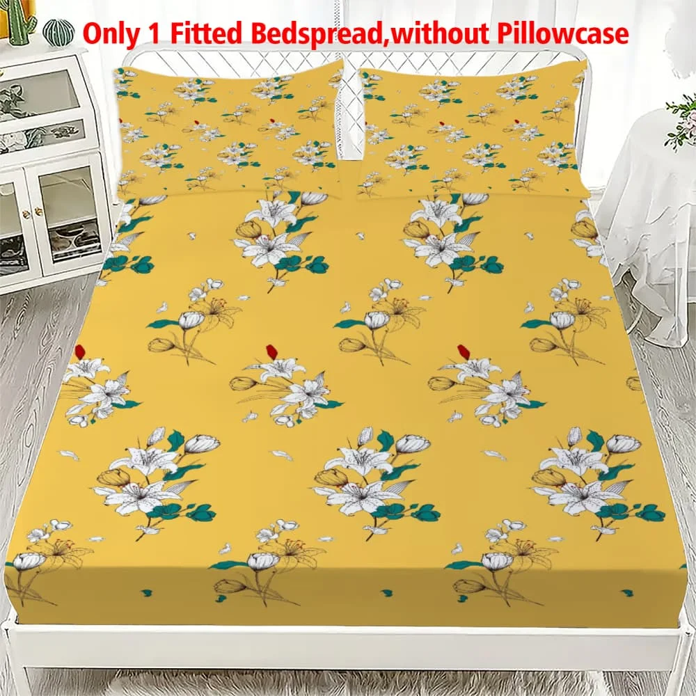 1pc Vibrant Yellow Lily Print Fitted Sheet Deep Pocket Elastic Mattress Cover Single Double Queen King Bedroom Decor