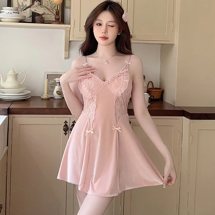 

Летняя велюровая ночная сорочка, домашняя одежда, сексуальная ночная рубашка на бретельках с кружевом, пеньюар, женский халат, домашний халат, домашняя одежда