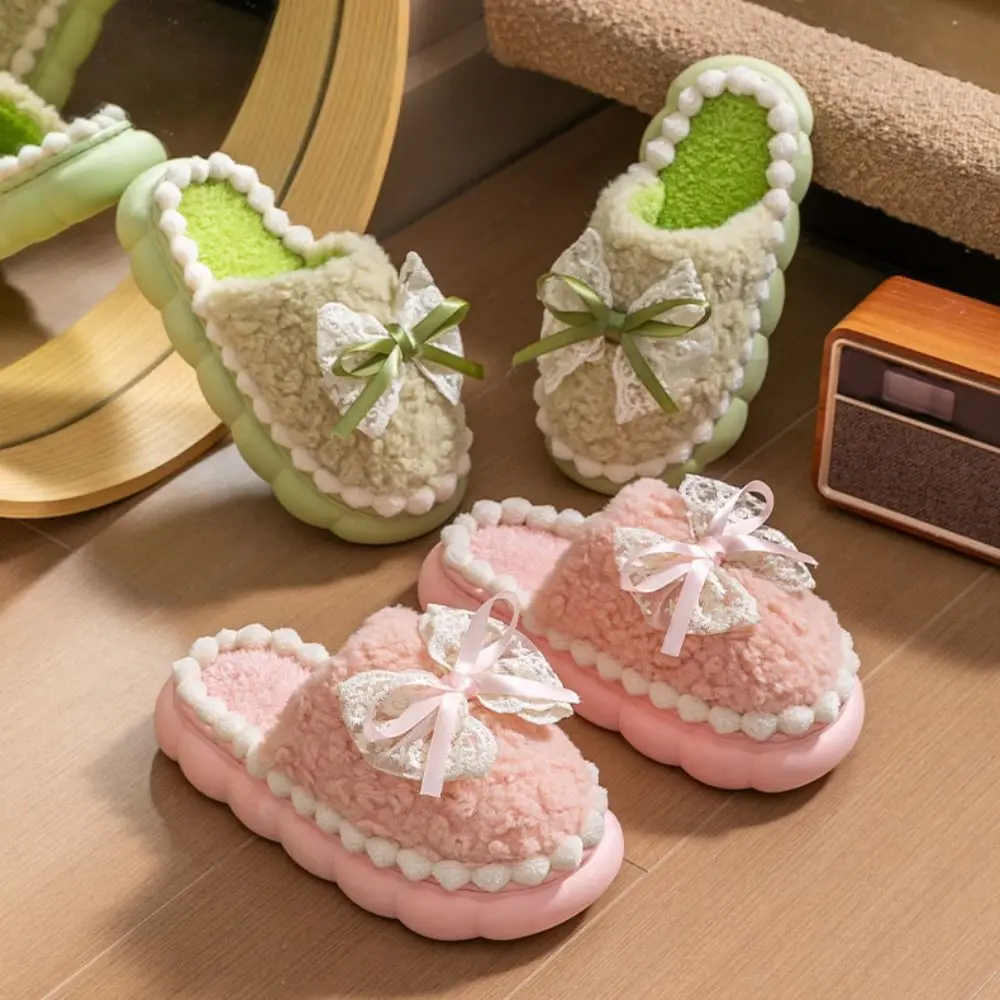

Comfortable Lace Bow Plush Bowtie Slippers Thick-soled Non-slip Coral Fleece Slippers Household Sweet Thick Warm Slippers Girls