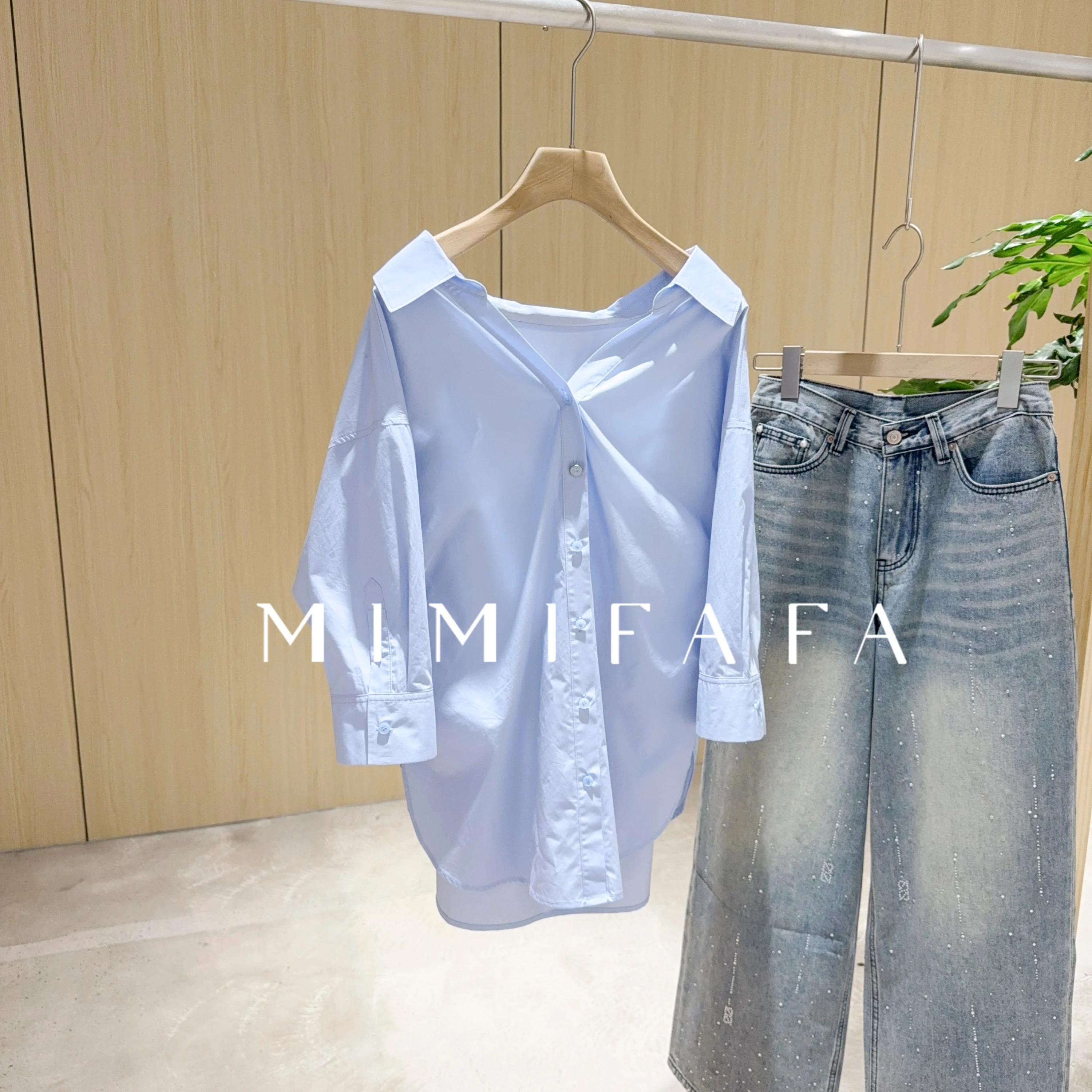 

Mimifafa DW Pure Original 26 New Loose V-neck Seven-quarter Sleeve Blue Pink Shirt Women's Casual Fashion Summer Shirt