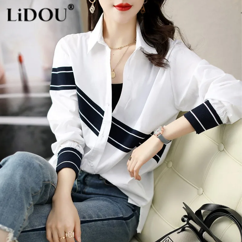 

Tops Women New Spring Summer Shirt Long Sleeve Polo-neck Single-breasted Printing Striped Loose Popularity Casual Fashion Korean