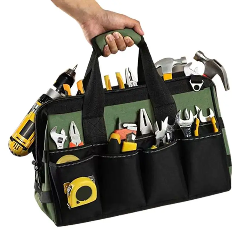 

Large Tool Bag Heavy Duty Multi-Pocket Tool Case Multifunctional Work Bag Wide Mouth Handheld Bag For Repairman Electrician