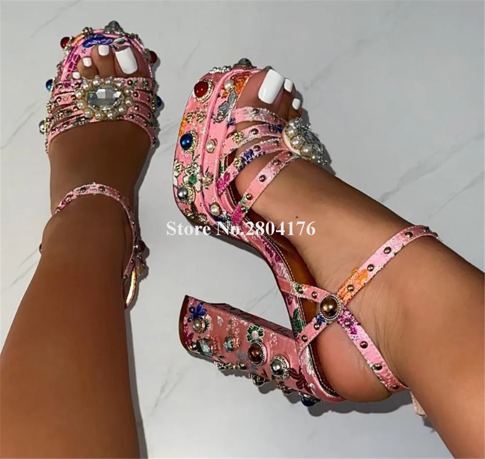 Bling Bling Colorful Rhinestones Decorated Chunky Heel Sandals Pink Blue Gold Diamonds High Platform Thick Heel Party Heels