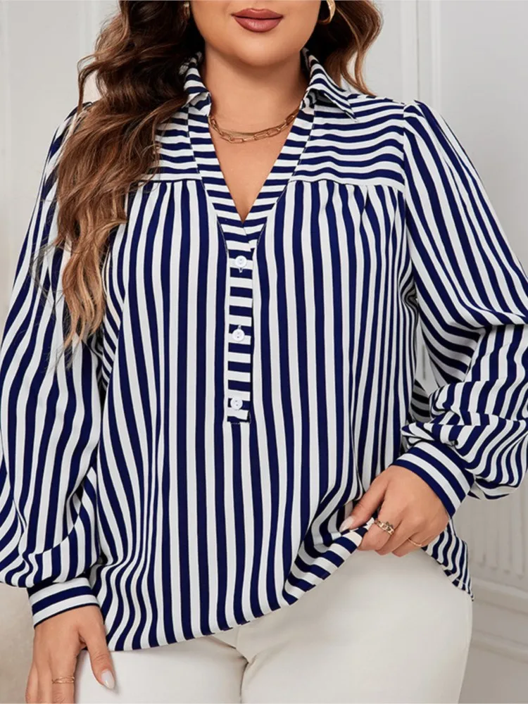 Plus Size Striped Print Autumn V-Neck Tops Women Loose Pleated Fashion Ladies Long Sleeve Blouses Casual Woman Pullover Tops