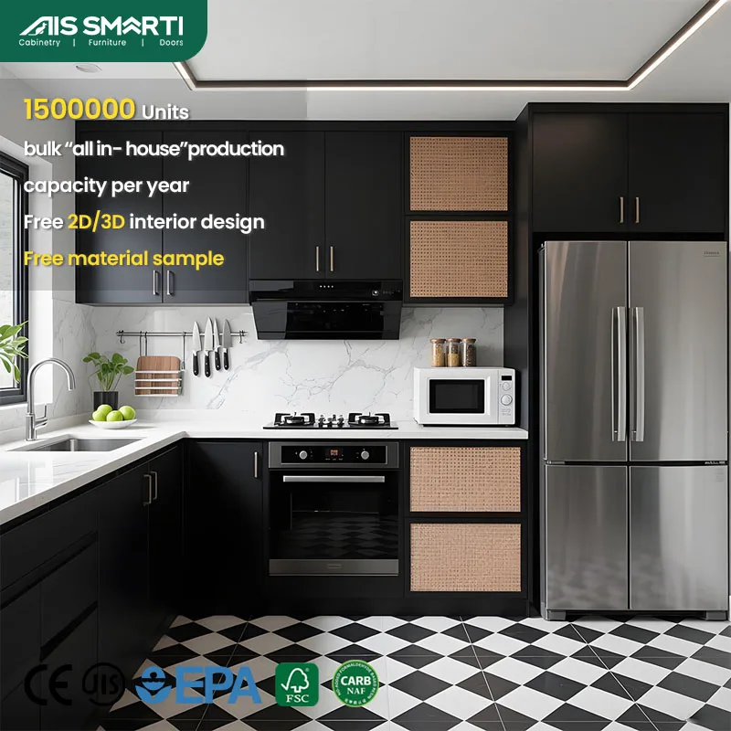 

AIS 2025 на заказ, современные роскошные кухонные шкафы, роскошный модульный дизайн, мягкие закрывающиеся ящики, гранитная столешница, раковина, сделанная из Китая