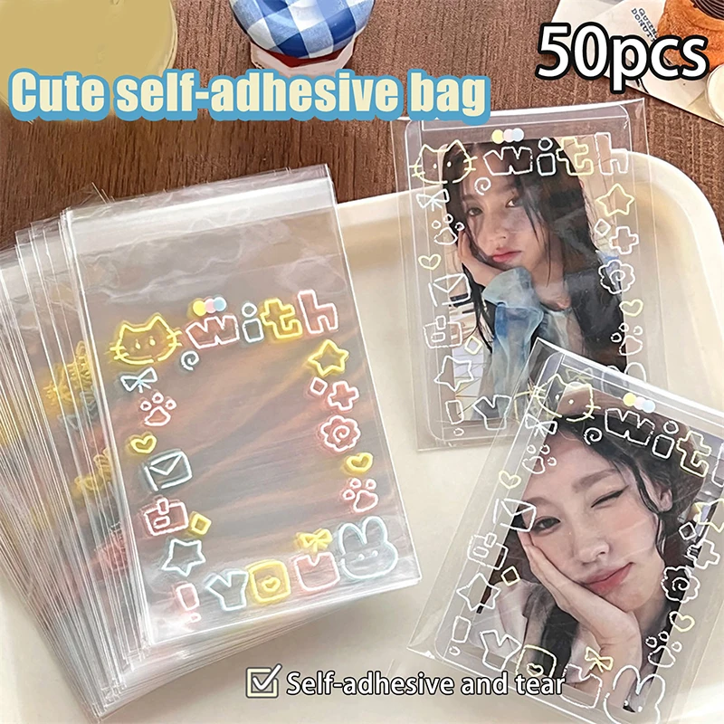 50Pcs Korean INS Cute Pet Transparent Self-adhesive Bag Kpop Idol Photocard Bag DIY Kawaii Small Item Packaging Gift Bag