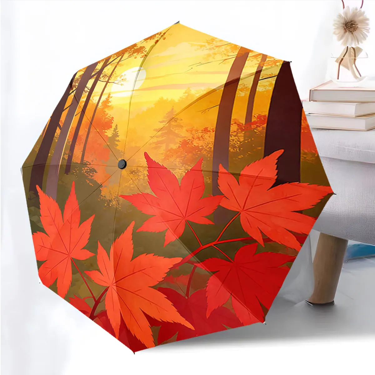 1PC Autumn Forest Umbrella with Vibrant Leaves Design Print 8 Iron Ribs Folding Umbrella Auto-Open Fashion Sunshade