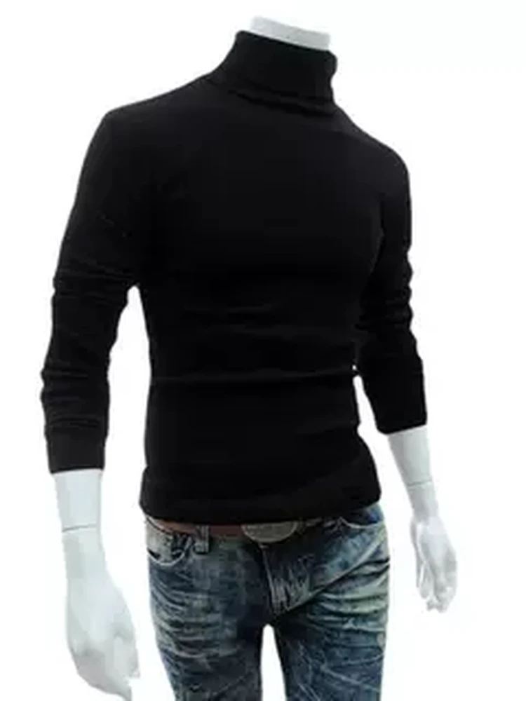Men's High Collar Sweater Warm Winter Shirt Standard Fit Flocking Process PU Leather Nine Sleeve Length Cleanfit Style