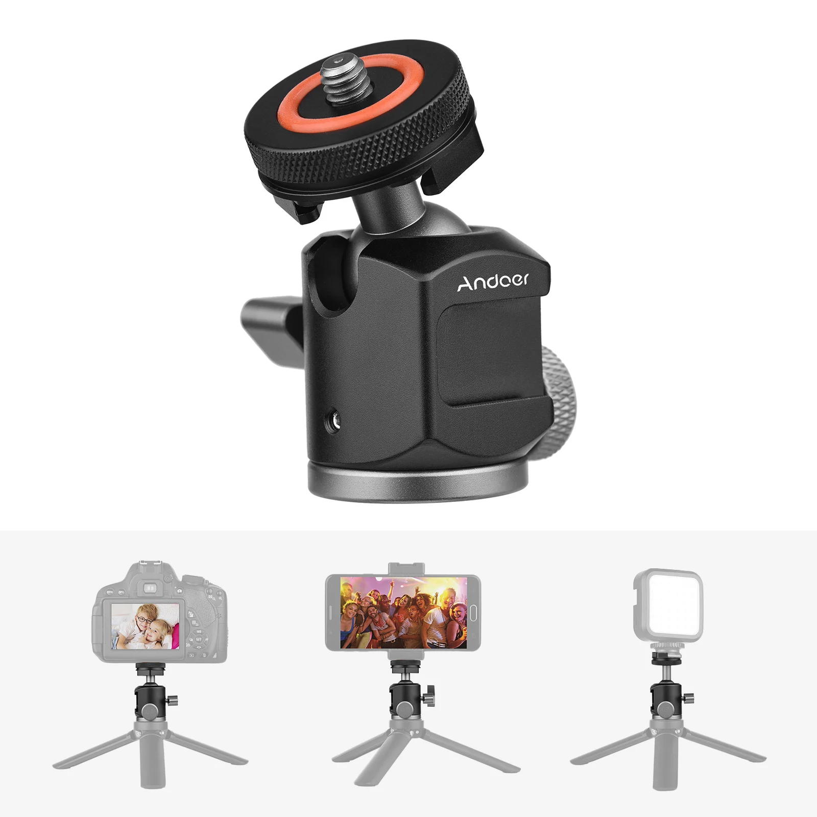 Andoer 2-in-1 Dual Use Ball Head 360° Rotatable Mini Ball Head with Cold Shoe Mount for Camera Phone Holder Tripod Microphone