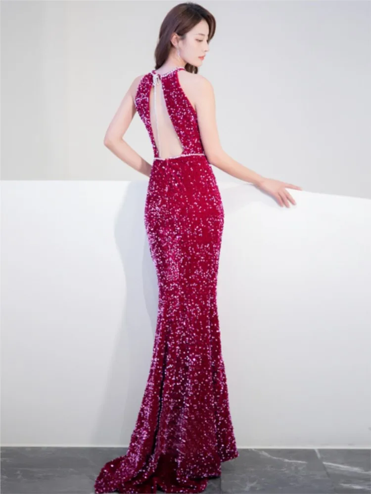 Toasting with dragon fruit color light luxury niche host fishtail dress