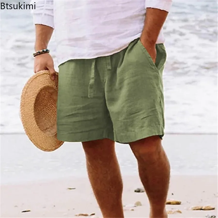 2024 Men\'s Summer Cotton Linen Shorts Drawstring Short Pants Male Breathable Solid Oversized Beach Shorts for Men Summer Pants