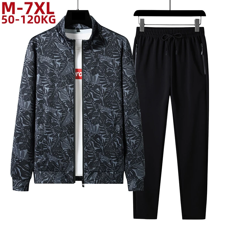 Big Size Men Tracksuits Long Sleeve Fashion Print Spring Autumn Jacket Suit Casual Coat Pants 2 Pieces Set Sportswear 6xl 7xl