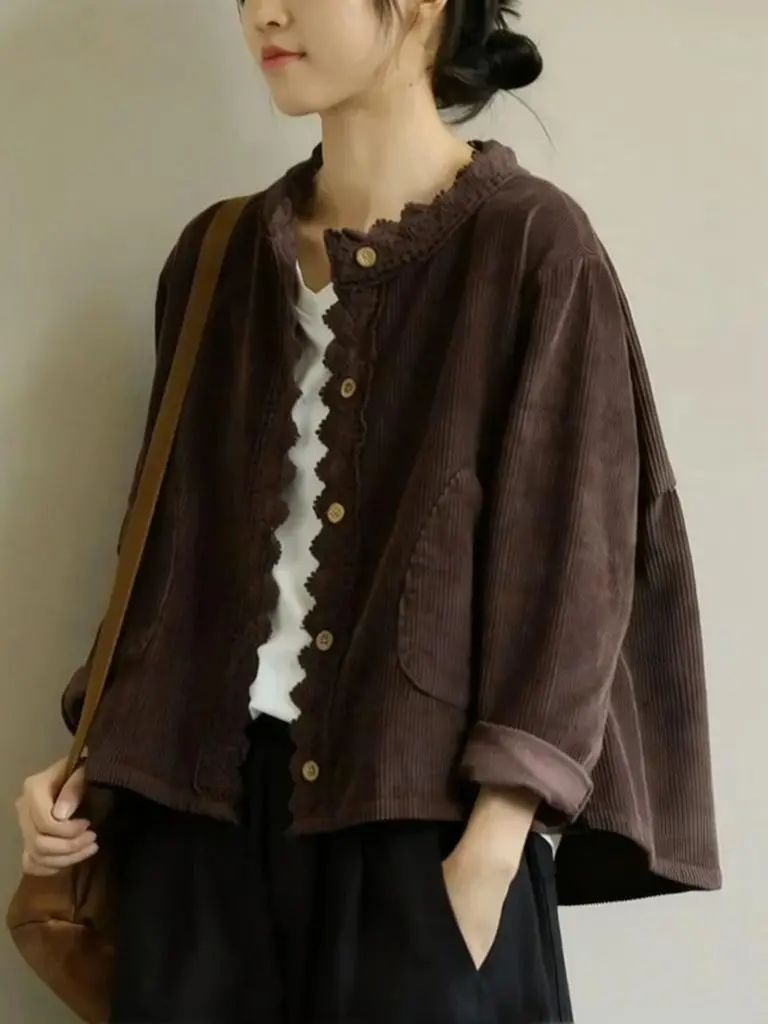 Vintage Casual Lace Patchwork Corduroy Oversize Cropped Jacket Women Elegant Long Sleeve Mom Middle Age Outwear Spring Fall Coat