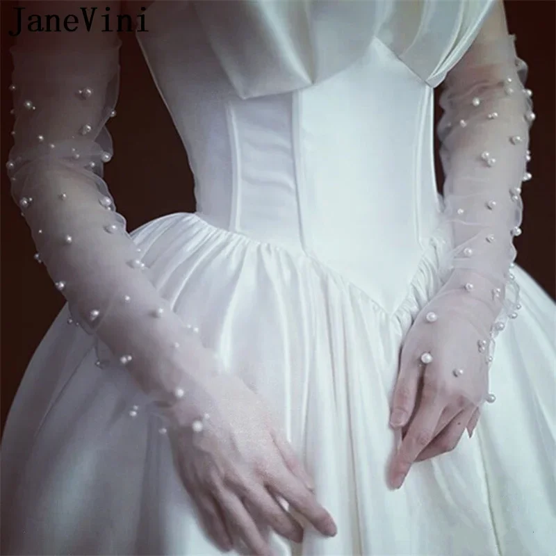 JaneVini Elegant 50CM Long Bridal Gloves Sheer Tulle Ivory Pearls Fingerless Arm Sleeves Wedding Gloves for Bride Guantes Largos