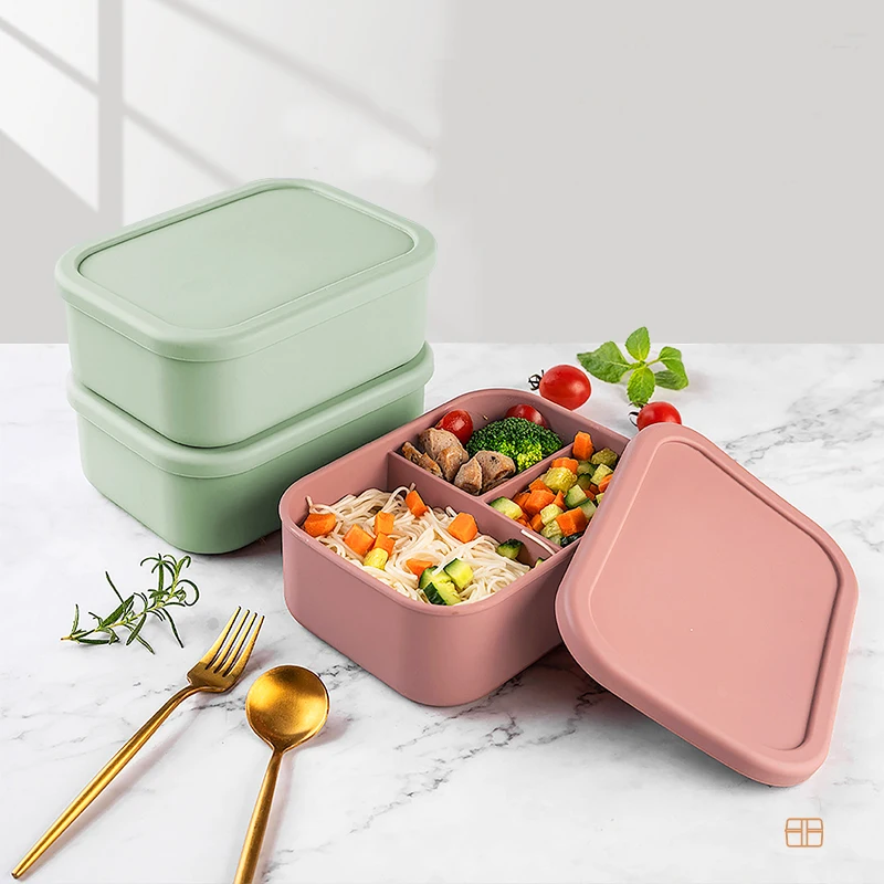 Dreifach unterteilte Silikon-Lunchbox, 100% lebensmittelecht, umweltfreundlich, tragbarer Essensbehälter für Kinder und Erwachsene