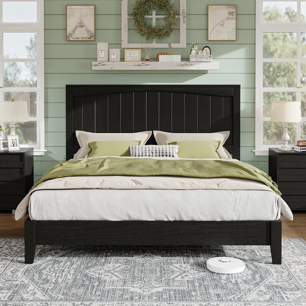 

Queen Size 48.4" Solid Wood Bed Frame, Mid Century Modern Platform Bed with Arched Lines Headboard, No Box Spring Neede