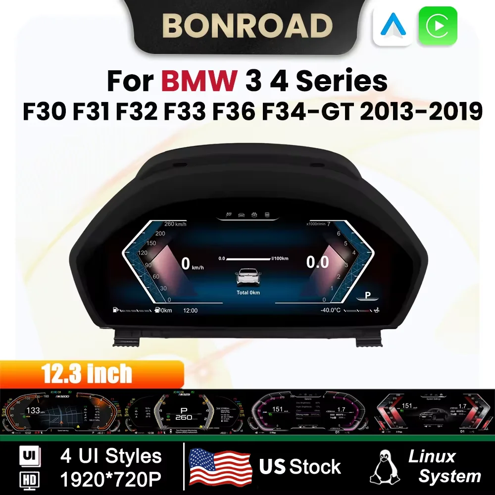 BONROAD Digital Cluster Dashboard For BMW 3 4 Series F30 F31 F32 F33 F36 6 Series GT-F34 LCD Wireless Carplay Android Auto Car Instrument Virtual Cockpit