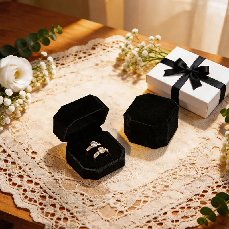 Oirlv Black Velvet Ring Jewelry Box Octagonal Earring Bracelet Necklace Jewelry Organizer Box Ring Engagement Proposal Gift Box