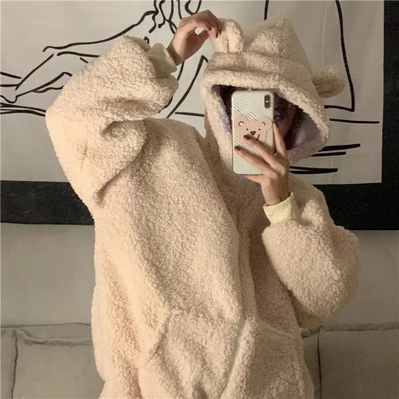 Autumn Winter Frog Eyes Hooded Sweatshirt Women Thicken Keep Warm Kawaii Outwear Tops Zip-up Plush Fleece Oversized Hoodies