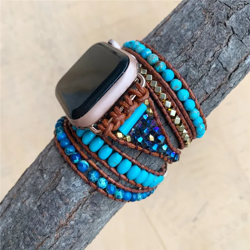 Turquoise Watch Strap Blue Stone Apple Watch Band Bracelet for Women Men Multi Layer Crystal Watchabnd Boho Jewelry 38 42 44mm